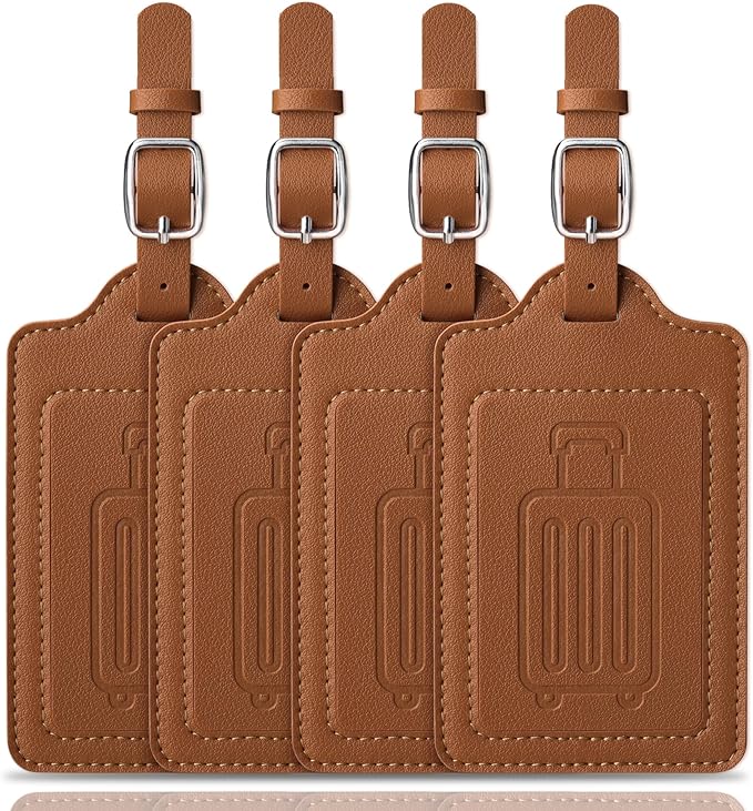 Teskyer Luggage Tags, Thick & Durable, Easy to Identify, Privacy Protection, TSA Approved Travel Essentials Suitcase Tags - 4 Pack, Brown