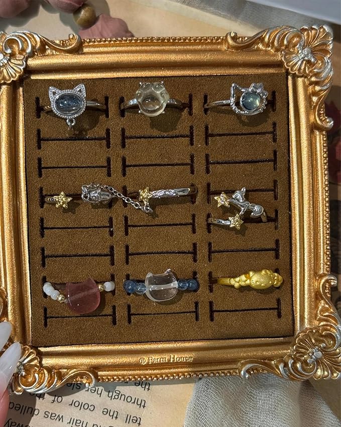 2PCS Jewelry Display Stand Vintage Ring Holder Box Earring Tray Retro Picture Frame Style Ring OrganizerJewelry Frame with Velvet