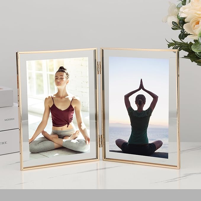 Gold 5x7''Double Floating Frame,For Photo Sizes(3.5x5'' & 4x6''),4X6''Metal Beaded Edge Frames Adjustable Tabletop/Shelf Photo Frame,for Wedding,Thanksgiving,Christmas