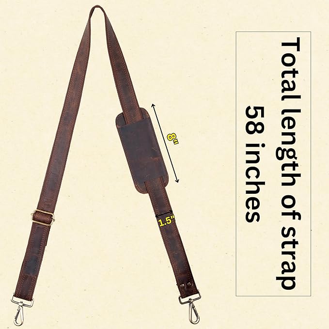 Bag Strap Replacement - Genuine Leather 57" Adjustable Shoulder Strap for Messenger, Laptop, Camera, Travel Bags