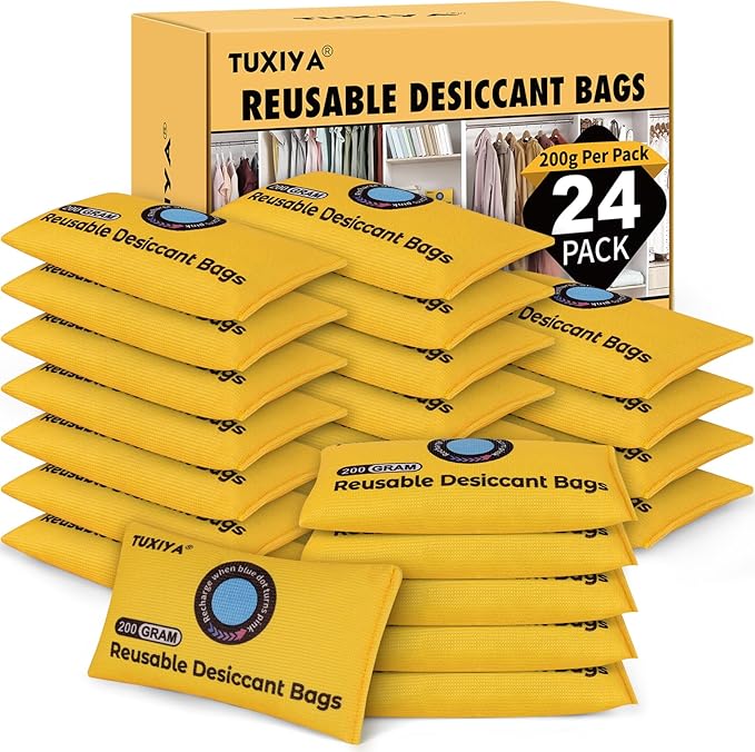 24Pack(200g Each) Rechargeable Silica Gel Desiccant Packets,Color Indicating Desiccant Packs for Storage,Moisture Absorbers for Storage Bins,Suitcase,Safes,3D Filaments,Wet Zones and Cars
