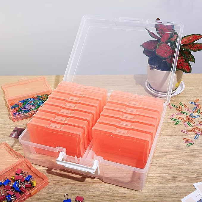 Naivees 4" x 6" Photo Storage Case with Handle, 16 Inner Photo Organizer Keeper, Extra Large Storage Picture Boxes, Seed Storage, Transparent Craft Keeper (Orange)
