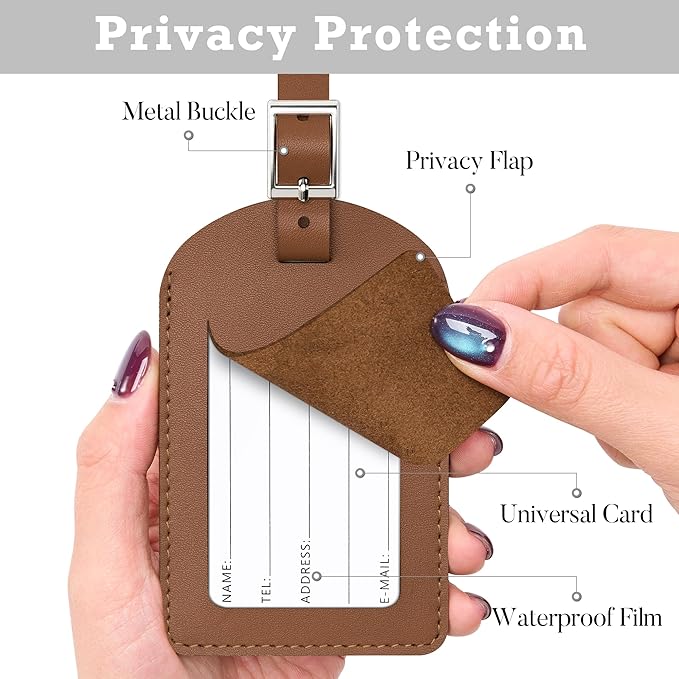 Mayski Genuine Leather Luggage Tags for suitcases, 3 Pack Durable Travel Bag Tags with Privacy Flap, Travel Essentials TSA Approved, Brown