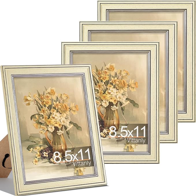Vittanly 8.5x11 Picture Frame Set of 4, Vintage Photo Frame for Wall Mount, Display 6x8 Pictures with Mat or 8.5x11 without Mat, Rustic Farmhouse Home Decor, Beige