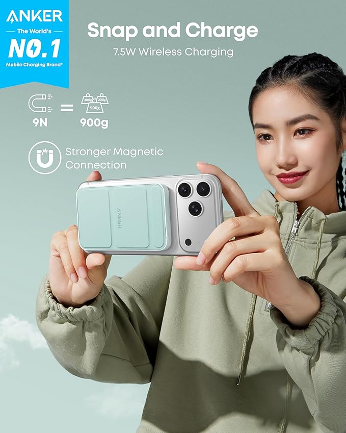 Anker 622 Magnetic Battery (MagGo), 5,000mAh Foldable Magnetic Wireless Portable Charger with Stand and USB-C Port (On The Side), Magsafe-Compatible for iPhone 16/15/14/13 Series
