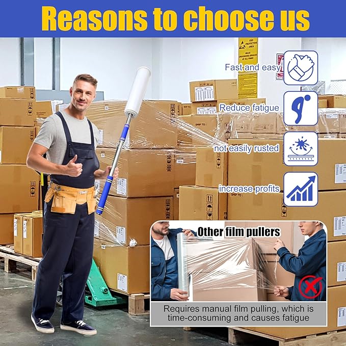 Long Handle Pallet Stretch Wrap Dispenser, Stretch Film Packing Machine, Stretch Film Dispenser Pole Holder, for Film Width 12-20 inch、Rolls 1.5" to 3" Diamater Cores Pallet Wrap (48in)