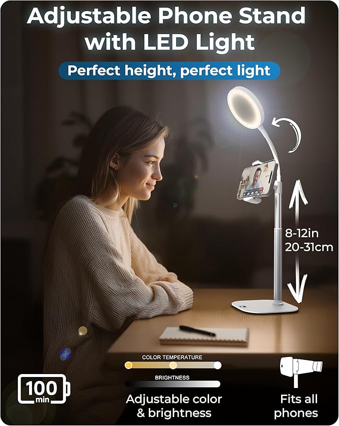 Phone Stand for Recording with Light for Desk - ChatStand Halo 9-13" Adjustable, Portable Ring Light Tripod, iPhone Stand for Desk & Phone Holder for Video Recording, Filming, Zoom Calls (Frost White)