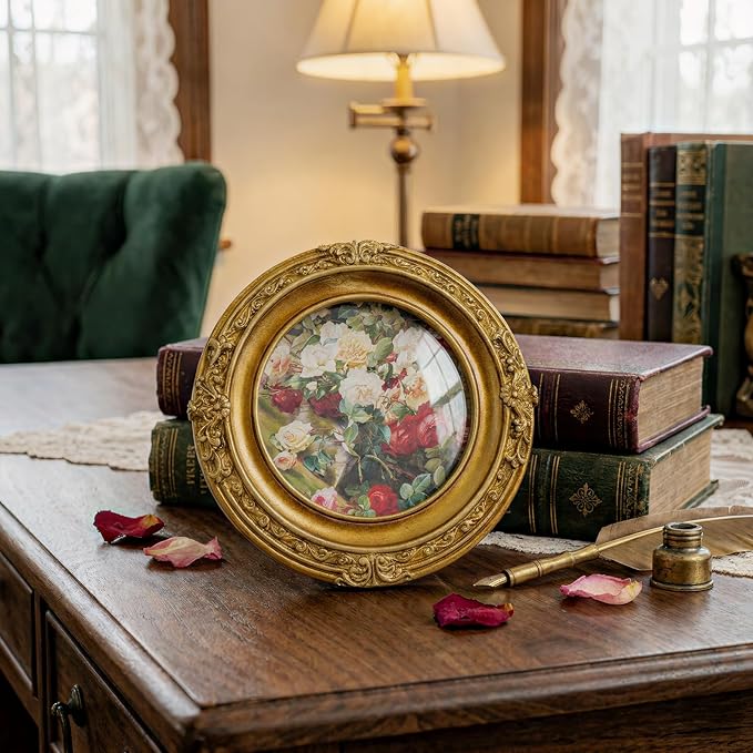 Cuspin Vintage Picture Frame 4x4 Gold Frames, Ornate Round Resin Photo Frame with Glass Front, Small Retro Circle Frame for Wall Hanging or Tabletop Display, Home Decor