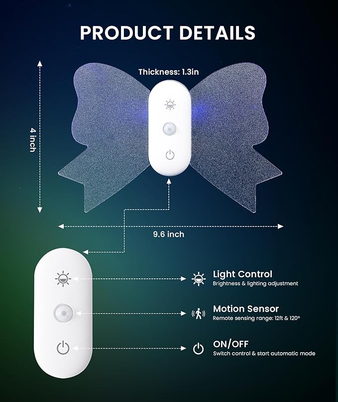 LOFTEK Rechargeable Motion Sensor Wall Sconce 2PCS- 15 RGB Butterfly Ambient Light Dimmable - Acrylic Bow-Knot Night Light Peel & Stick Wall Lamp for Balcony Bedroom Stair Hallway Kid's Room