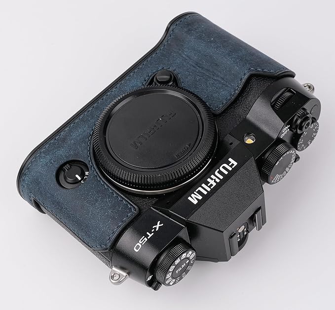 handmade Genuine Leather Camera Half Case for Fujifilm X-T50 - Top Layer Cowhide Body + Metal Base Plate - Hand Shank Free Design (Dark Blue)