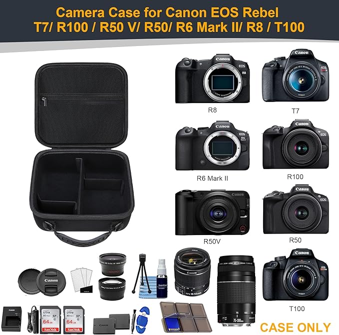 RAIALL Camera Case for Canon EOS Rebel T7/ R50/ R50V/ R100/ R5/ R6 Mark II/ R7/ R8/ R10/RP/T6/ Sony/Nikon D7500 Camera, Hard Carrying Case Protective Travel Bag Fits Lens, Tripod, Batteries, Black