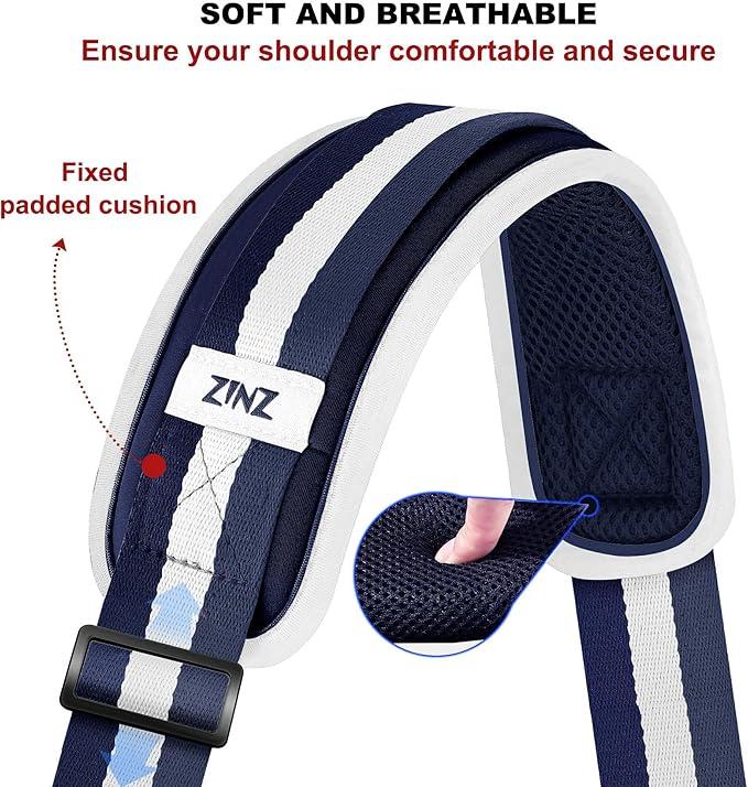ZINZ 74" Shoulder Strap with Fixed Pad and Dual Balanced Buckles，Blue-White-Blue Stripe