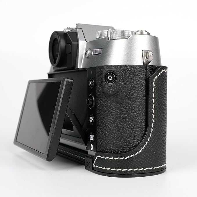 Uchandmade Handmade Genuine Leather Camera Half Case for Fujifilm X-T50/Fujifilm X-T50 Camera Case/Fujifilm X-T50 Case - Top Layer Cowhide Body + Metal Base Plate (89 Black & White Link)