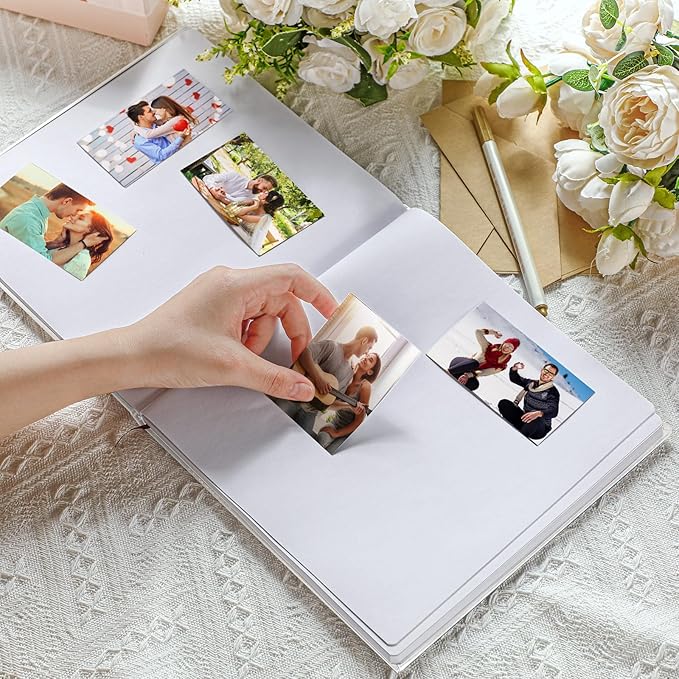Colarr Hardcover Couples Scrapbook 144 Pages 8.7 x 8.7" Couples Photo Album Scrapbook Journal for 1 Year Wedding Memory Anniversary Photo Book Gift with 2 Markers(White)