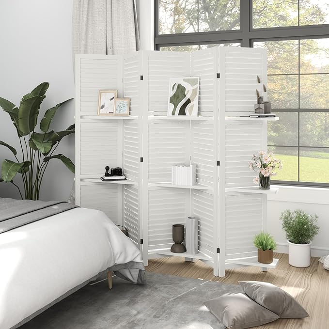 HOMCOM Room Divider, 5 Panel 67" Tall Wood Privacy Screen with 3 Display Shelves, and Folding Storage for Bedroom or Home Office, White