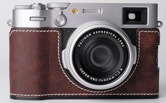 Genuine Leather Camera Half Case for Fujifilm X100VI - Top Layer Cowhide Body + Metal Base Plate - Hand Shank Free Design (Dark Brown)
