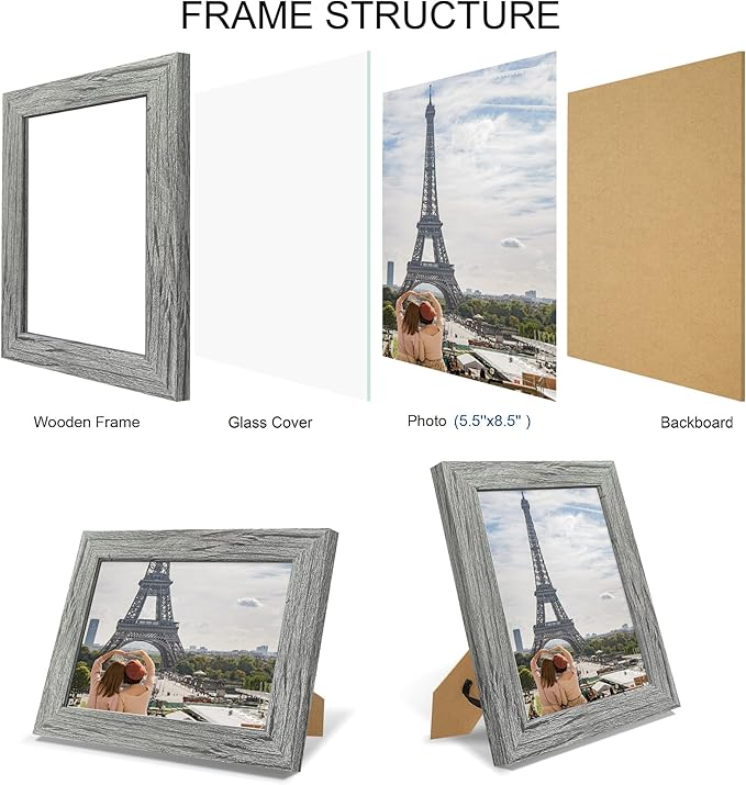 5.5 x 8.5 Diploma Frame Set of 4, Made of Real Glass and Grey Frame, 5.5 by 8.5 Photo for Wall or Tabletop