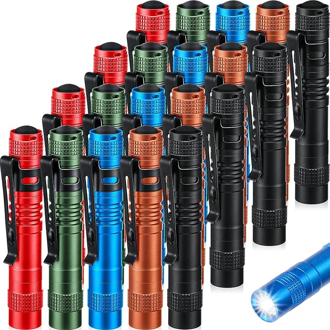 Hortsun 20 Pcs Mini Pen Light Flashlights Christmas Gifts for Men Pocket Flashlights Pen with Clip Small LED Handheld Slim Torches Without Battery(3.54 Inch,Black, Brown, Green, Red, Blue)