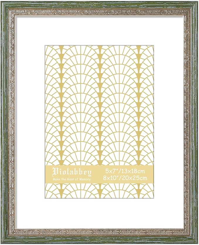 VIOLABBEY 8x10 Picture Frame Green Gold, Display 5x7 Photo with Mat or 8x10 without Mat, Ornate Vintage 8 x 10 Frame for Wall Decor or Tabletop Display, Green Gold