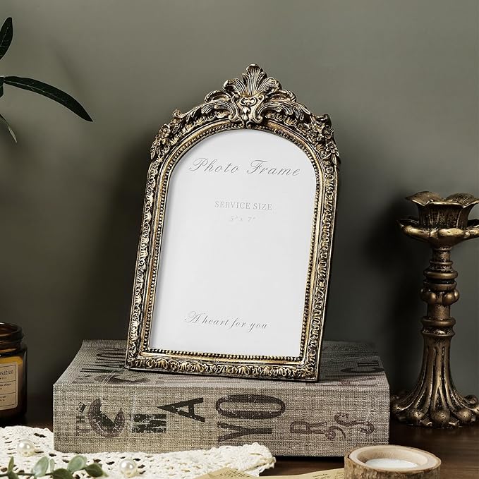 Cuspin 5x7 Picture Frame Vintage Gold Frames, Bronze 5 by 7 Arched Frame Hand-Crafted Resin with Glass Front, Ornate Retro Antique Photo Frames for Wall Hanging and Tabletop Display Home Decor