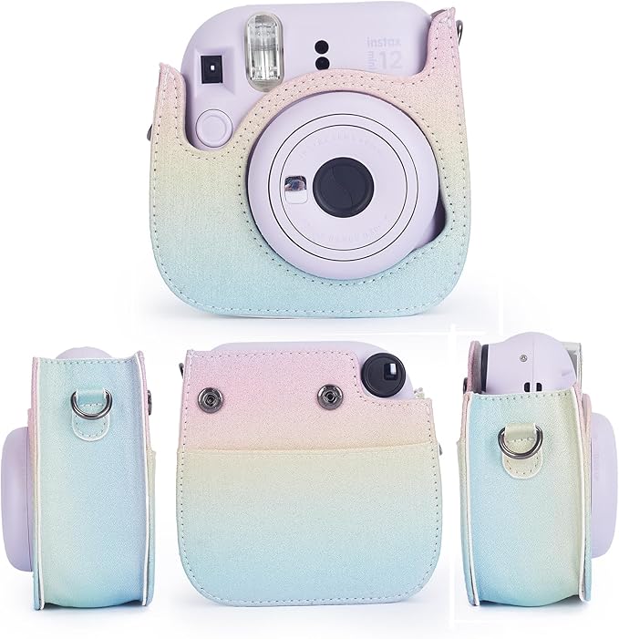 Phetium Instant mini 12 Camera Protective Case Compatible with Instax Mini 12 11,PU Leather Bag with Pocket and Adjustable Shoulder Strap (Shining Rainbow)