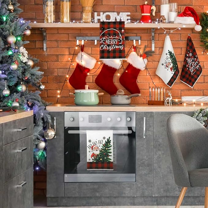 Preboun 6 Pcs Christmas Kitchen Towels Buffalo Check Plaid Dish Towels Winter Hand Towels Farmhouse Tea Towels Housewarming Gifts for Xmas Holiday Home Kitchen Decor