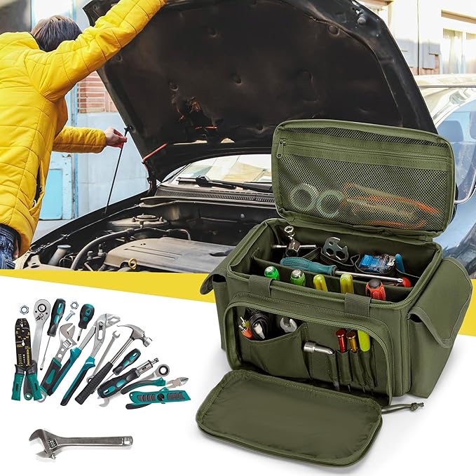 Small Tool Bag with Anti-friction and Thick Padded Bottom, Tool Storage Organizer for Men, Tactical Range Bag, Multi-functional Work Bag for Repairman, Electrician, Carpenters (Green)