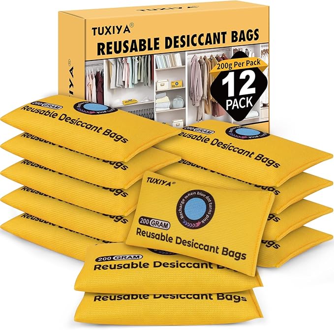12 Pack(200g Each) Rechargeable Silica Gel Desiccant Packets,Color Indicating Desiccant Packs for Storage,Moisture Absorbers for Storage Bins,Suitcase,Safes,3D Filaments,Wet Zones and Cars