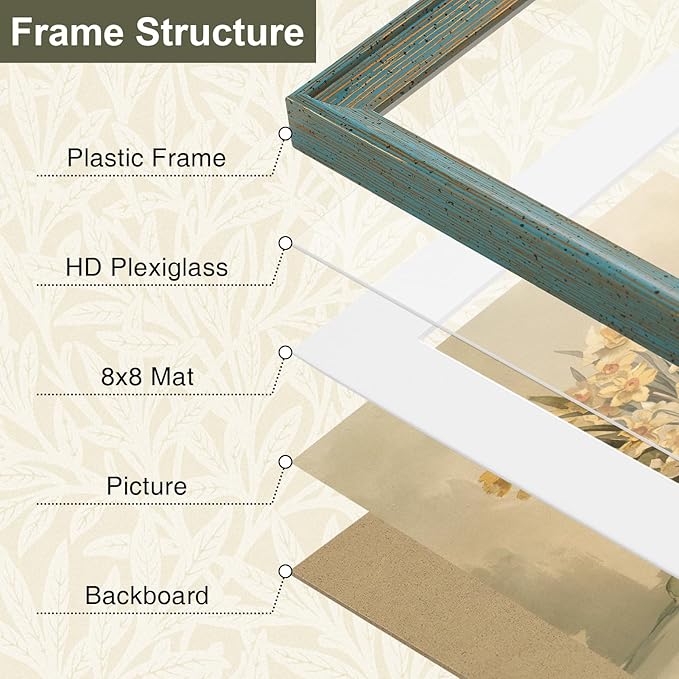 Vittanly 12x12 Picture Frame Set of 4, Vintage Photo Frame for Wall or Tabletop, Display 8x8 Pictures with Mat or 12x12 without Mat, Rustic Farmhouse Home Decor, Blue