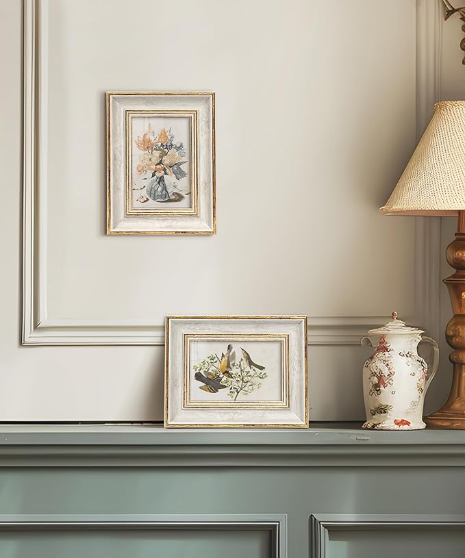 Afuly 4x6 Picture Frames Vintage Antique Photo Frame Gold White for Tabletop Single Display Wall Hanging Tabletop Distressed Wedding Birthday Gifts for Grandma Friends Family
