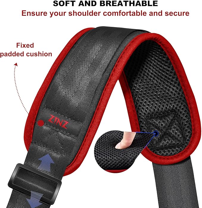ZINZ 75" Shoulder Strap with Fixed Pad and Dual Balanced Buckles，Black-Red Edge