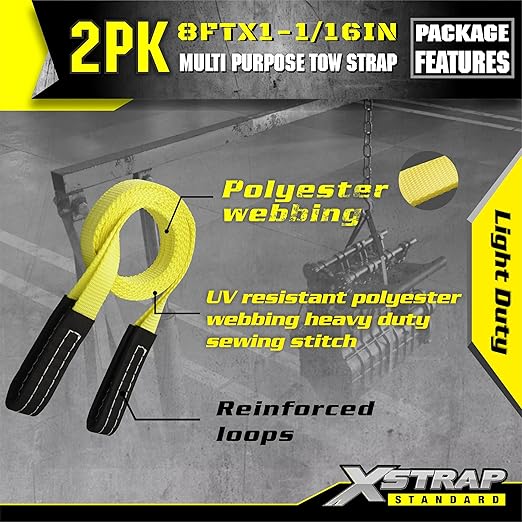 XSTRAP STANDARD 2PK 1''x 8FT Lift Sling Web Strap/Wear Guard End, Heavy Duty Flat Eye Lifting Sling with 2 Reinforced Loops for Tree Saver Lifting Furniture Appliances Machine