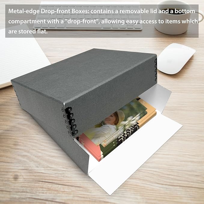 Golden State Art, Archival Storage Box, Acid-Free Drop Front Museum Box with Metal Edge for Storing Artwork Photos Documents Prints Arts And Crafts (Gray-9.75x12.75x3 Inches)