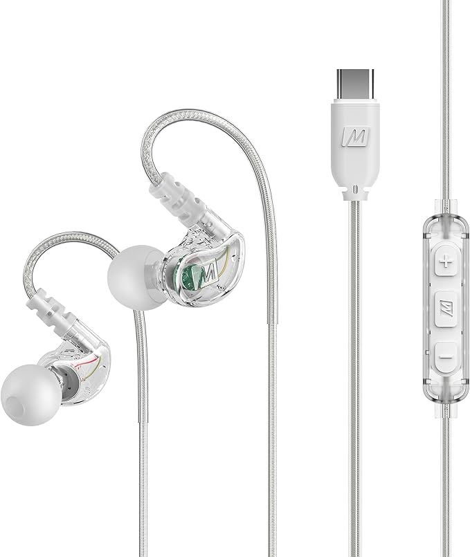 MEE Audio M6 Sport USB-C Wired Earbuds with Memory Wire Earhooks, Headset with Mic & 3-Button Remote for iPhone 15, iPad, Other USB Type C Devices; in Ear Headphones for Running/Gym/Workouts, Clear