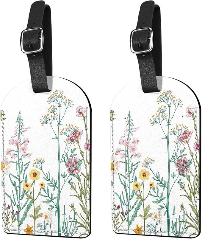 2 Pack Luggage Tag Suitcase Tags PU Leather Identifiers Privacy Cover Luggage Tags Aesthetic Cute Travel Bag Labels for Women Girls Men-Blue Flower