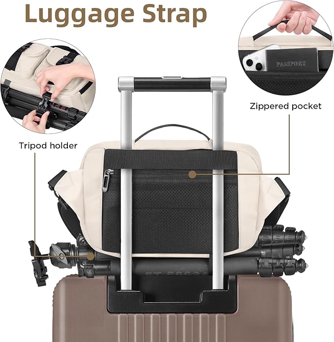 Camera Sling Bag,DSLR Camera Bag with Tripod Holder,Waterproof Camera Shoulder Crossbody Bag for Photographers (Beige)