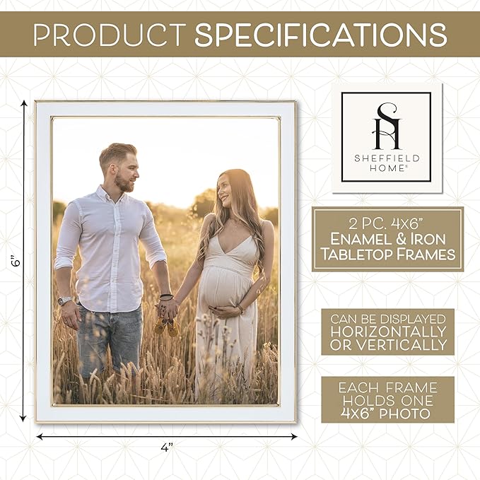Sheffield Home Tabletop Picture Frame – Iron Enamel Decorative Display Frame for Home or Office, 4x6 Inch, White