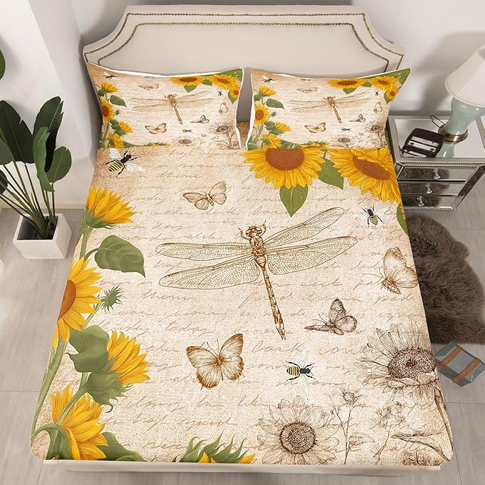 Dragonfly Full Sheet Set Botanical Floral Fitted Sheet Sunflower Bedding Sets for Boys Girls Vintage Style Bed Sheet Wild Animals Dragonfly Flat Sheet Field Floral Fresh Natural Pastoral Bedding