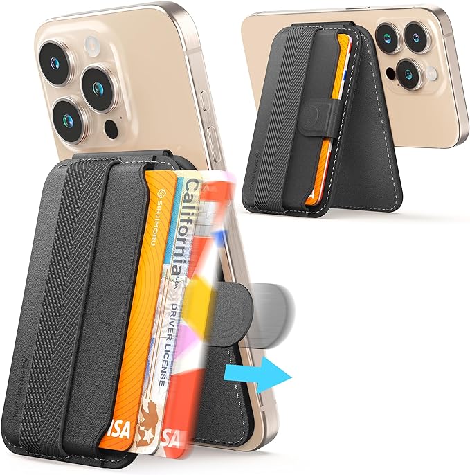 Sinjimoru Pull & Eject Magnetic Wallet for iPhone, Phone Wallet with Adjustable Stand, Compatible with MagSafe Wallet, M-Pull Tab Stand Black