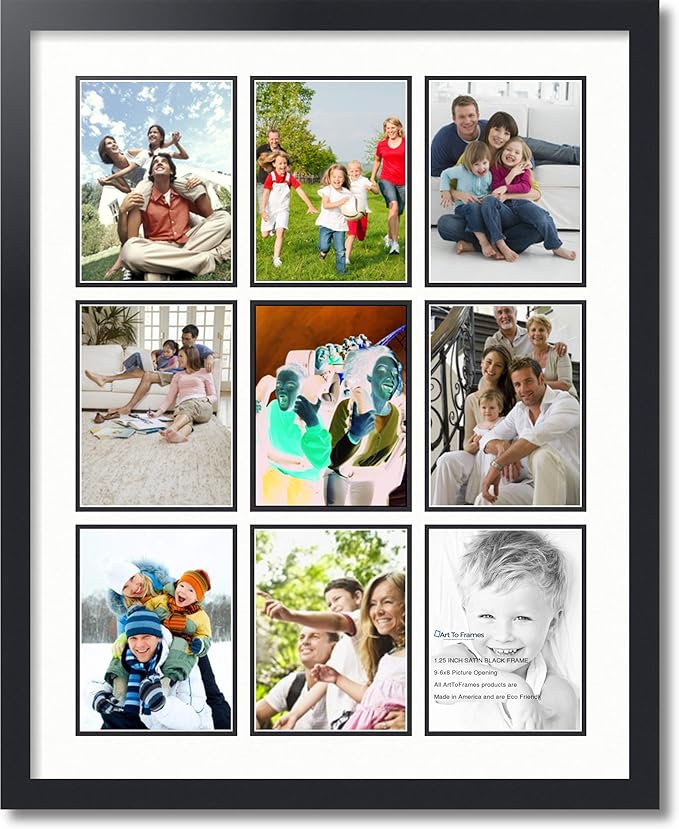 ArtToFrames Collage Photo Frame Double Mat with 9-6x8 Openings with Satin Black Frame and Fabric White mat.