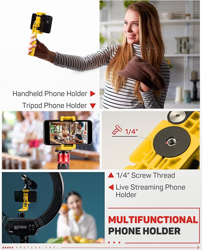 IFOOTAGE Phone Holder, Phone Tripod Mount Adapter with Cold Shoe, 360° Rotation Cell Phone Holder for Tripod, Selfie Stick, Desk Phone Stand with Adjustable Clamp, Yellow