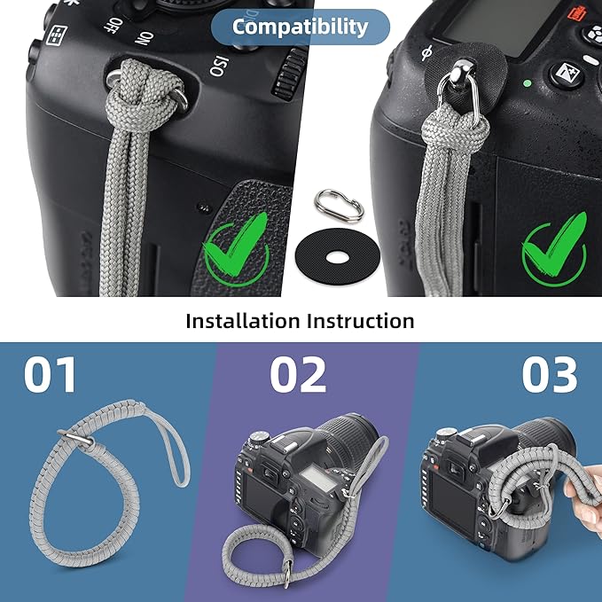 SUNYA Camera Wrist Strap Hand Lanyard Made of Paracord for Photographers to Secure DSLR. Peak Quality Accessory D ring