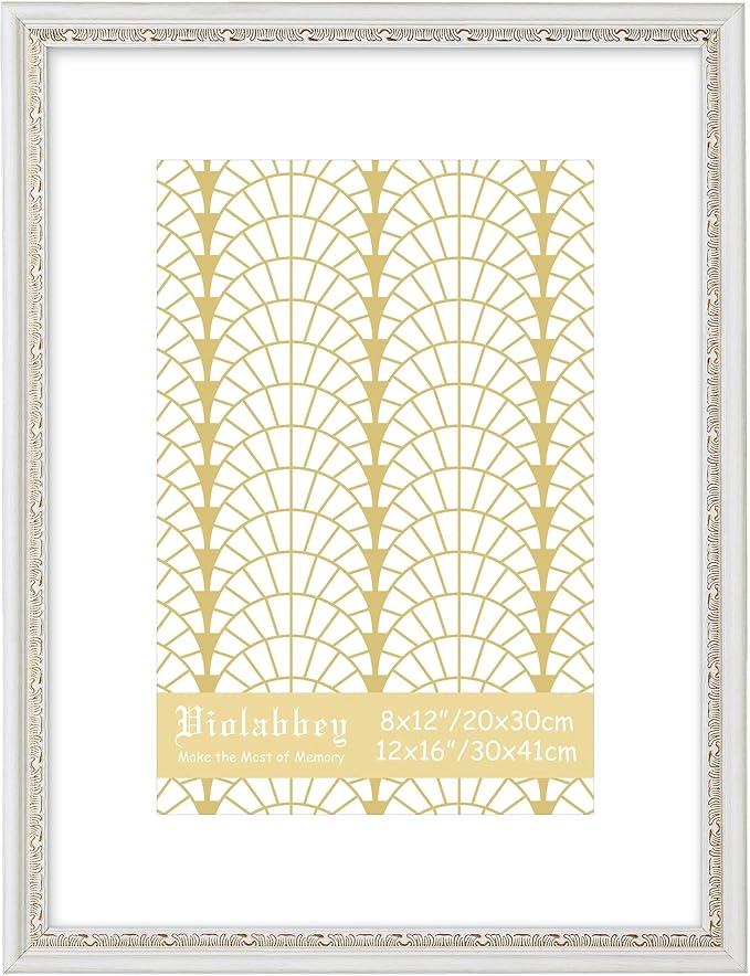 VIOLABBEY 12x16 White Gold Picture Frame, Display 8x12 Photo with Mat or 12x16 without Mat, Ornate Vintage 12 x 16 White Gold Frame for Wall Decor or Tabletop Display