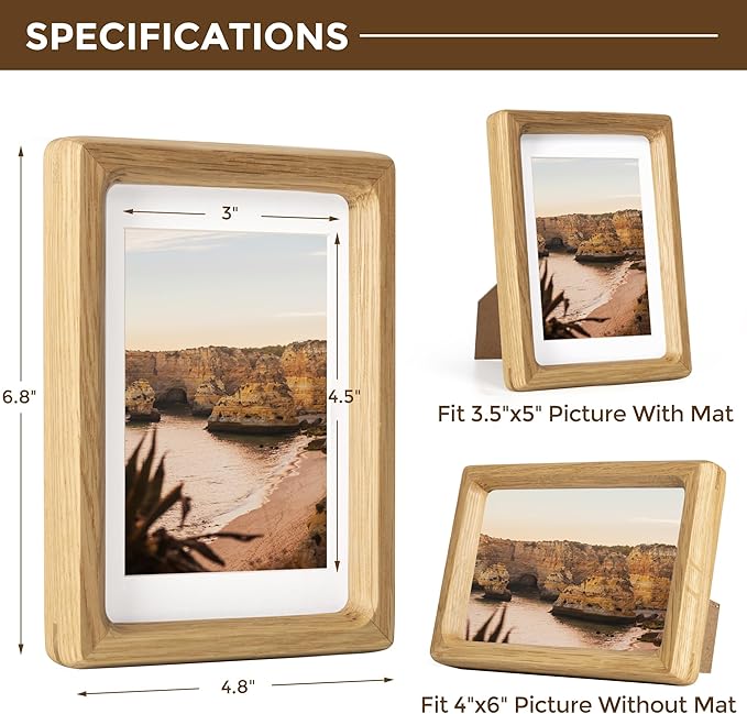 Dreamland 4x6 Matted to 3.5x5 Picture Frame Solid Oak Wood Picture Frames Handcrafted Rounded Corner with HD Tempered Glass Tabletop or Wall Mount Display, 1 Pack