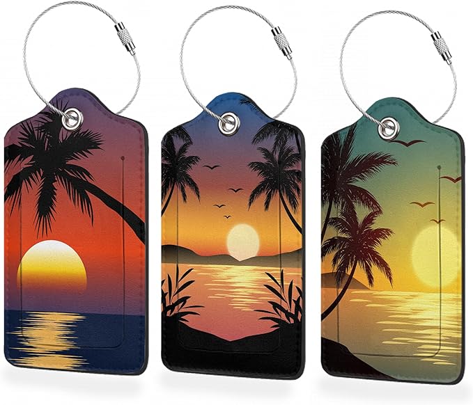 3 Pack Luggage Tags,Tropical Palm Sunset Sea Beach PU Leather Luggage Tags for Suitcase,Name ID Labels with Privacy Cover Suitcases and Metal Loop for Bag Suitcase