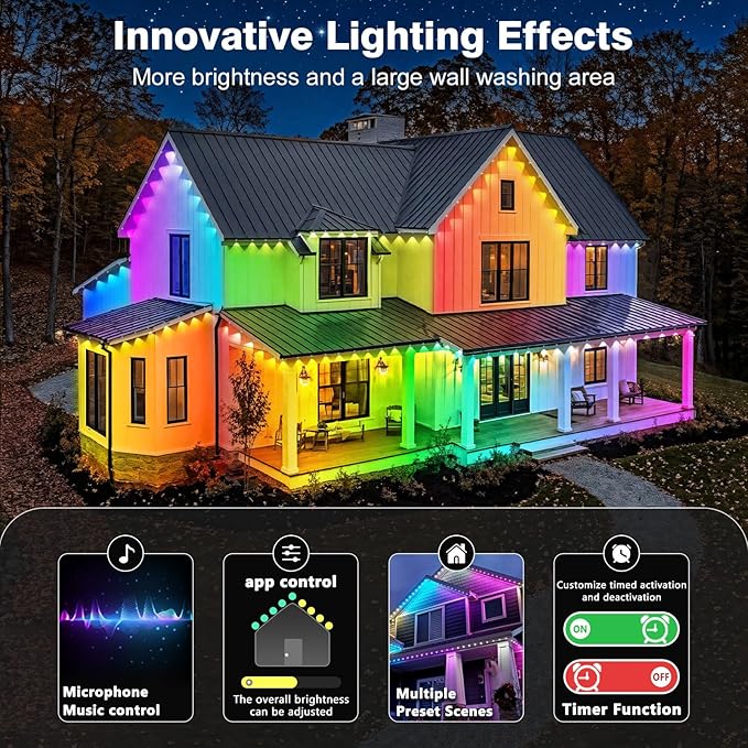 LITSOUL 150FT Permanent Outdoor Lights for House Waterproof, Smart RGB Eave LED Lighting with 16 Million Colors, IP67 Outdoor Strip Lights for Christmas Halloween Holiday Daily Decorations (45m/150FT)