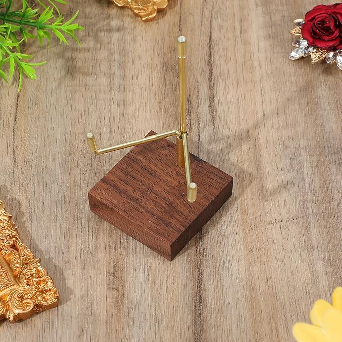 Small Gold Metal Arms Display Stand Easel with Wooden Base - Adjustable Small Display Easel Stand for Displaying Art Fossil Coral Picture, Photo Frame, 2"x2"x3.2"