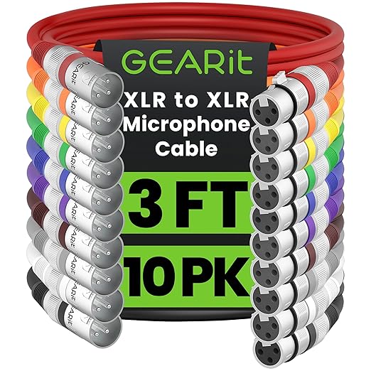 GEARit XLR Male to Female Microphone Cable (3 Feet, 10 Pack) 3-Pin Balanced Shielded Mixer, Recording Studio, Podcast - Multi Colored