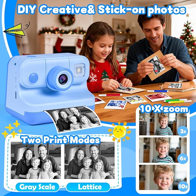 Kids Instant Print Camera, 30MP 1080P HD Digital Camera for Boys Girls with Color Pens & 32GB Card, Christmas Birthday Gifts Kids Toys for 3-12 Years Old (Blue)