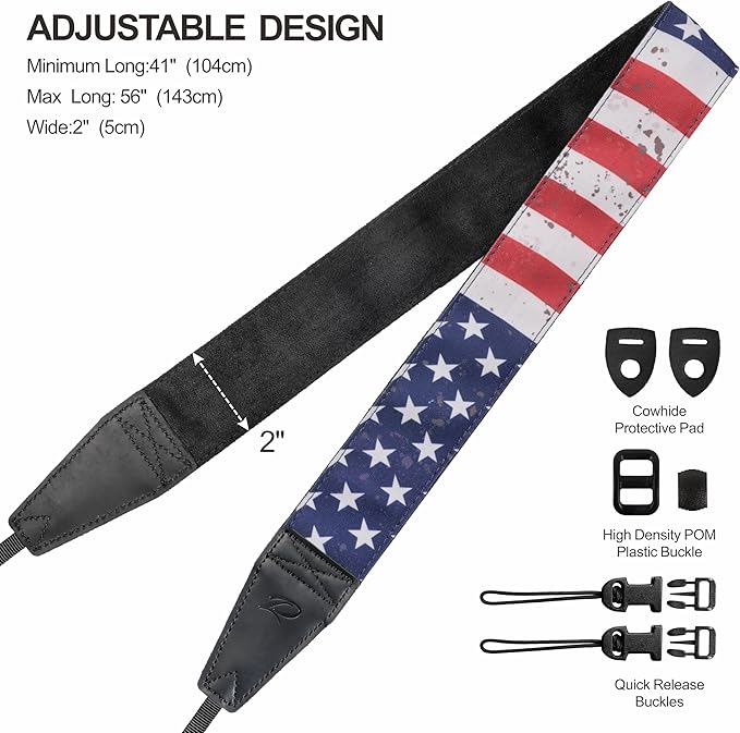Padwa Lifestyle American Flag Print Camera Strap - 2" Full Grain Leather Ends, Vintage Flag Pattern Camera Straps for Photographers, Soft Chamois Velvet Padded Strap Quick Release fits All Cameras